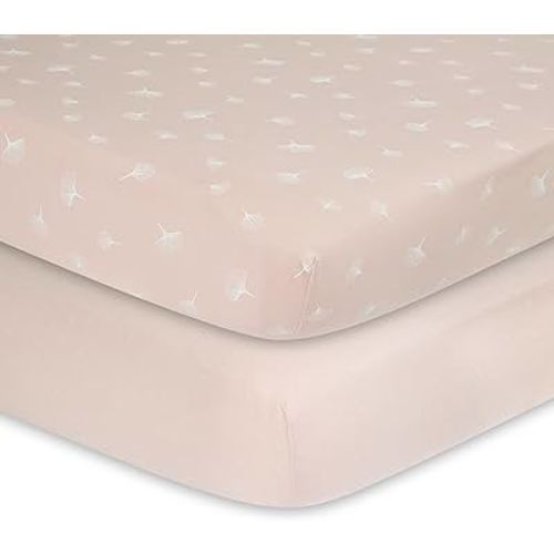 Ely’s & Co. Pack N Play│Playard│Portable Crib Sheet 2-Pack - Combed, 100% Jersey Cotton for Baby Girl — Rosewater Pink, Pin Dots & Gingko Leaves