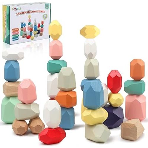 FUNNYB&G 36 PCS Stacking Rocks Montessori Toys for 3+ Year Old Girls Boys Wooden Building Blocks Balancing Stones for Kids Preschool Educational Sensory Toys for Toddlers Easter Birthday Gifts