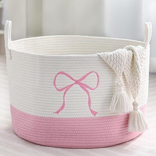 Honeydak Pink Laundry Basket Bow Hamper Cotton Rope Pink Laundry Hamper 13 x 20 Inch Toy Box Large Coquette Bow Girly Nursery Basket Storage for Bedroom Bathroom Blanket Toys Clothes Organization