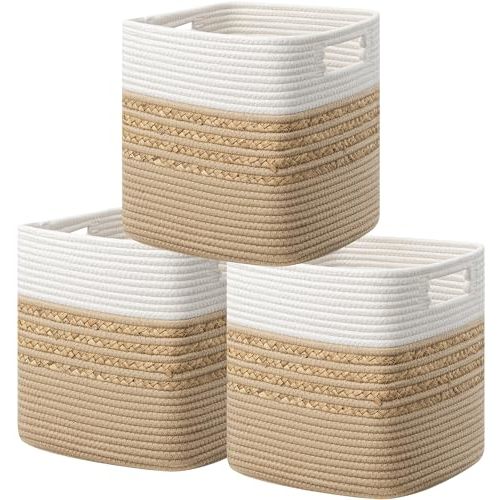 UBBCARE Set of 3 Storage Cubes 11 X 10.5 X 10.5 in, Water Hyacinth Storage Bins for Shelves, Toys, Book, Storage Baskets with Handles, Cotton Rope Woven Baskets for Organizing, Brown