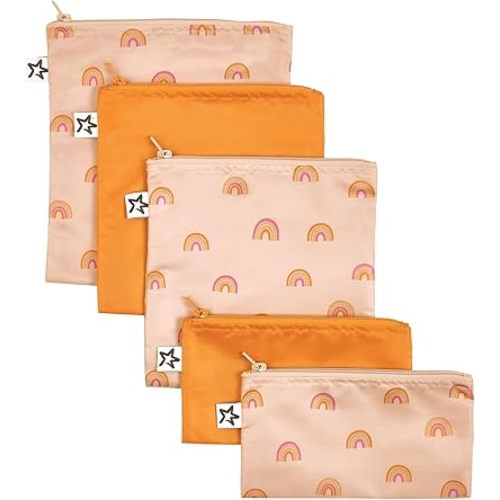Tiny Twinkle 5 Pack Reusable Snack Bags - Machine Washable, PFAS, PVC, BPA, Phthalate-Free Reusable Baby and Toddler Food Safe Snack Bags (Boho Rainbow)