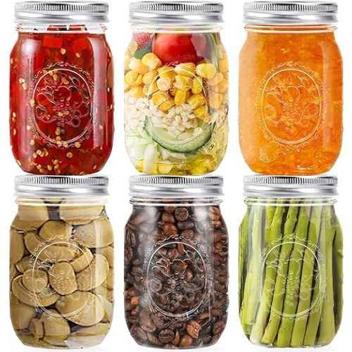 Regular Mouth Glass Mason Jars 16 oz, 6 Pack Glass Canning Jars with Metal Airtight Lids and Bands and Measurement Marks, for Canning, Preserving, Overnight Oats, Jam, Jelly, Food Storage, DIY etc