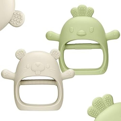 2 Packs Baby Teething Toys Silicone Teething Mittens for Infants 3 Months+, Never Drop & Easy to Hold Teethers, Helps Soothing Gums & Sucking Needs, Teething Relief (Olive)