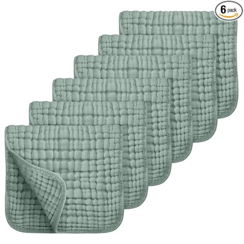Looxii Muslin Burp Cloths 6 Pack - 20" x 10" - Ultra Soft & Absorbent, 6-Layer 100% Cotton for Spit Up & Drool- Gentle Baby Burping Cloth, Newborn Boys Girls Essentials, Dark Green