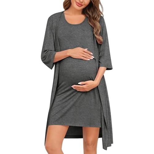 SWOMOG Women Maternity Nursing Gown and 3/4 Sleeve Robe Set Labor Delivery Nightgown Breastfeeding Hospital Bathrobe