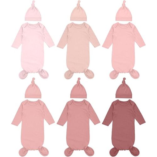 Cuffbow 6 Packs Newborn Baby Knotted Gowns Set 0-6 Months Cotton Sleeper Long Sleeve Nightgown and Hat Set for Infant Baby