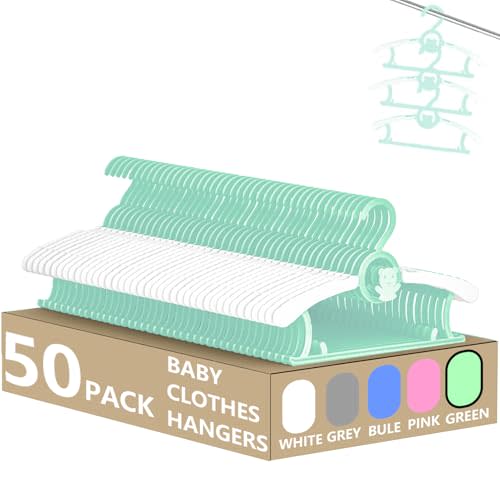 HGYZE Kid Hangers for Closet 50pcs, Green Infant Clothes Hanger 11-14" Adjustable Plastic Baby Coat Hangers with Bear Hook, Non-Slip Children Outfit Hangers for Boy Toddler Newborn Teen Clothing