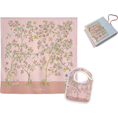 ATELIER CHOUX In Bloom Pink Bib & Swaddle Set, Bloom Pink
