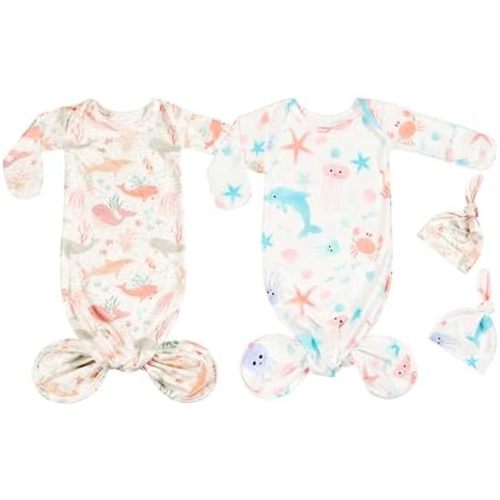Newborn Baby Boy Long Sleeve Sleeper Gown with Mittens Knotted Gown Coming Home Outfit Nightgown Hat Set 2 Pieces