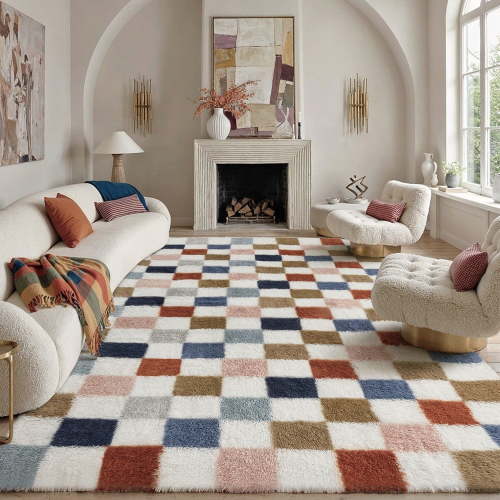 BERTHMEER 9'x12' Shag Area Rugs for Living Room Bedroom Dining Room Large Ultra-Soft Plush Pile Soft Fluffy Modern Geometric Indoor Carpets Rugs, Multicolor