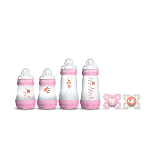 MAM Newborn Essentials "Feed & Soothe" Set (6-Piece), Easy Start Anti-Colic Baby Bottles, 0-2 Month Pacifier, Baby Shower Gifts for Baby Girl, Pink