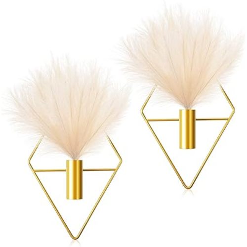 Jexine 2 Pcs Boho Wall Decor Gold Hanging Planters with Artificial Plants Wall Art Mounted Metal Home Decor Display Bedroom Bathroom Living Room(Pampas)