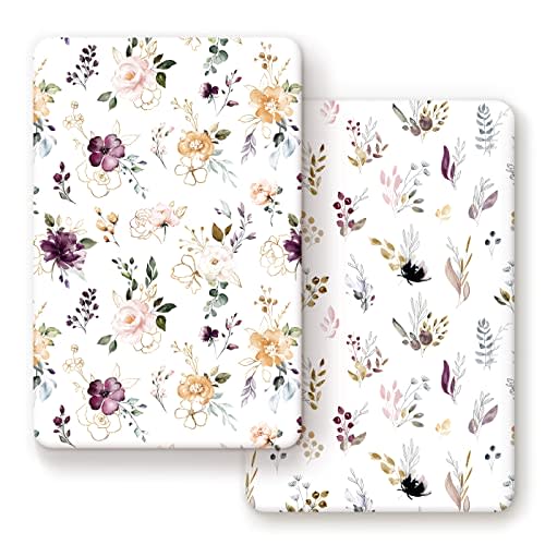 GRSSDER Stretchy Ultra Soft Jersey Knit Fitted Pack n Play Sheets Set 2 Pack,Fits Portable Playard/Mini Cribs Mattress Snug and Safe,Watercolor Purple Flora for Baby