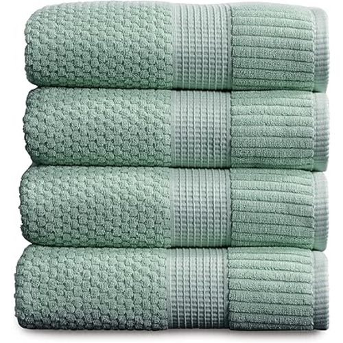 NY Loft 100% Cotton Bath Towel 4 Pack | Super Soft & Absorbent Quick-Dry Bath Towels 30" x 52" |Textured and Durable Cotton | Trinity Collection (4 Pack Bath Towel, Wasabi Green)