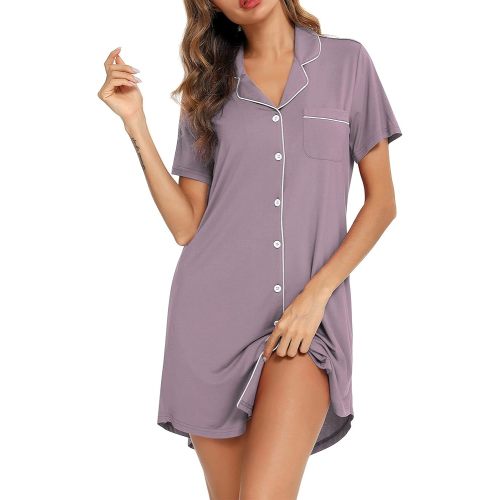 Pjmlifecoco Womens Nightgowns Short Sleeves Button Down Night Shirts Soft Sleepwear Pajama Dress S-XXL