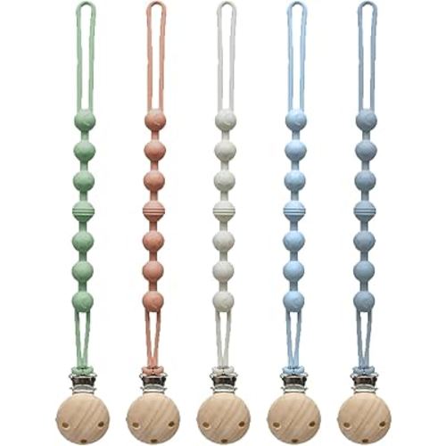 Pacifier Clip for Boys Girls - MORIBOX 5 Pack Paci Clip Soothie Baby Binky Holder for Shower Birthday Gift (Beige+Brown+Green+GBlue+SBlue)