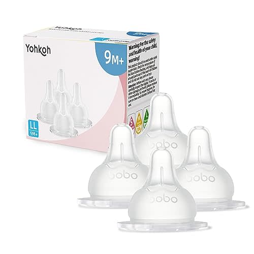 YOHKOH Baby Bottle Nipples for Wide Neck Bottles, 100% Natural Feel Silicone Nipples, BPA-Free (9m+, LL, 4 Counts)