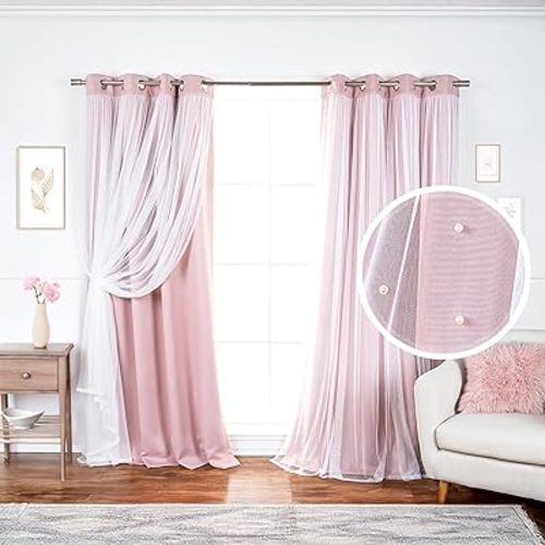 Best Home Fashion Pearl Beaded Lace Overlay Blackout Curtain Set, Double Layer Silver Grommet Thermal Insulated Window Panels for Bedroom, Living Room, Dining Room- 52" W x 84" L, Dustypink