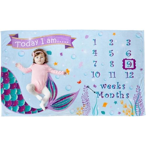 WERNNSAI Mermaid Baby Milestone Blanket - Fleece Weekly Monthly Blankets for Girls Newborn Infant Baby Shower Birthday Xmas Gift Photography Background Prop, 60” × 40”