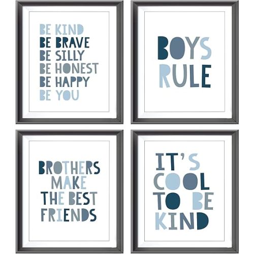 Brothers Make The Best Friends Boys Rules Affirmations Poster Prints for Home Boys Room Playroom Nursery Classroom Decor,Boho Navy Blue Colors Decorations Prints Wall Art Unframed 4pcs 8x10 Inches