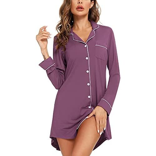 Samring Pajama Nightgown for Women Short/Long Sleeve Button Down Nightwear Top Boyfriend Sleep Shirts Nightdress S-XXL