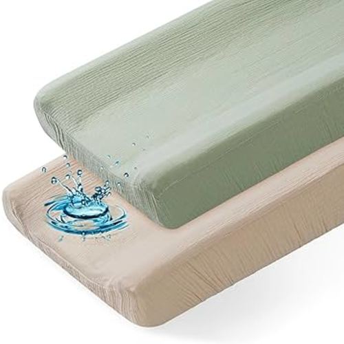 Basumee Muslin Changing Pad Cover Waterproof 2 Pack Baby Changing Table Covers for Boys and Girls Soft Breathable Nursery Diaper Change Table Cover Pad Fits 32"x16", Beige and Green