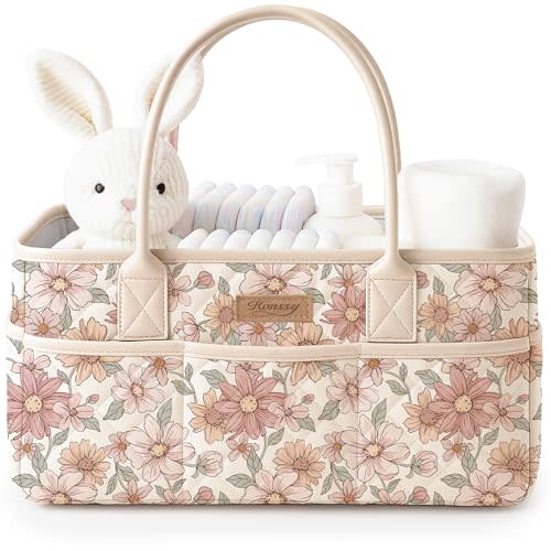 Konssy Floral Quilted Diaper Caddy Organizer, Diaper Caddy Basket with PU Leather Handles, Water-Repellent Nursery Storage Basket, Portable Car Organizer, Registry Search Must Haves (Vintage Petals)
