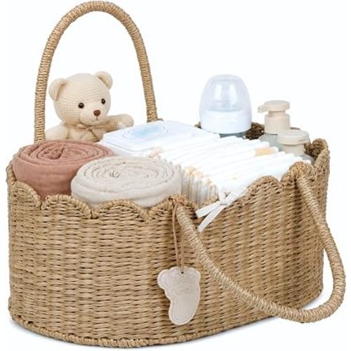 YANGQIHOME Diaper Caddy Organizer, Seagrass Nursery Baby Basket for Baby Essentials, Scalloped Wicker Diaper Caddy, Baby Shower Gifts (MeadowNest)