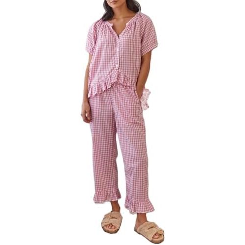 Argeousgor Women Plaid 2 Piece Pajama Set Button Down Puff Sleeve Babydoll Shirt Gingham Pants Pj Lounge Set Sleepwear