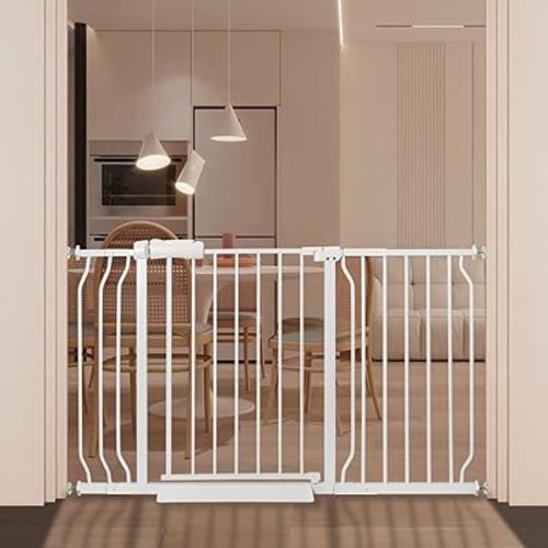 Extra Wide Baby Gate 48.03-52.76 Pressure Mounted,Child Dog Pet Safety Gates with Walk Through Door for Doorways Stairs No Drilling in Door,White