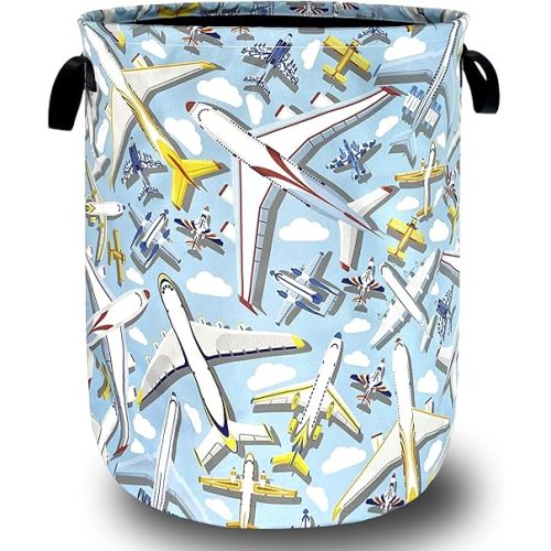 Cartoon Plane Laundry Basket Foldable Funny Laundry Hamper With Handle Oxford Cloth Portable Clothes Storage Organizer Basket 18.9"x16.5" Laundy Bag For Laundry Room/Bedroom/Bathrooms