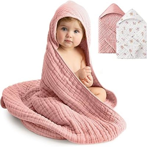 Baby Girl Bath Towels, 100% Muslin Cotton Hooded Baby Towels for Newborn, 2 Pack Baby Towels with Hood for Infant Toddler and Kids, Large 32x32Inch Essentials, Soft and Absorbent Pink Flower
