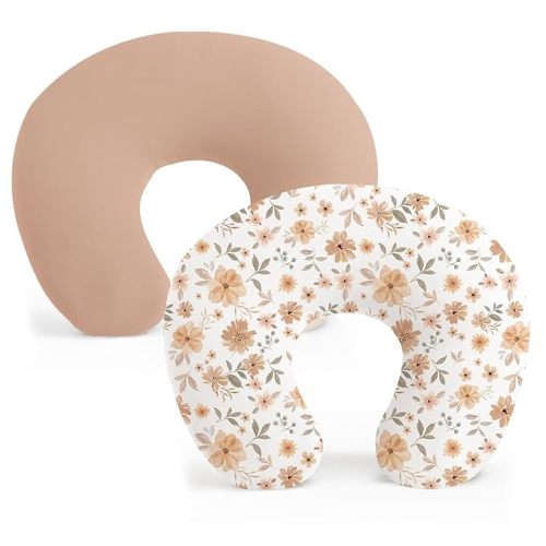 Konssy 2 Pack Nursing Pillow Covers, Stretchy and Soft Nursing Cover for Breastfeeding Pillows, Pillow Slipcover for Baby Girls Boys Newborn (Beige,Watercolour-Flower)