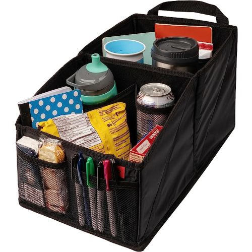 Lusso Gear Car Seat Organizer - Built-In Car Cup Holders & Mesh Pockets - Foldable Back Seat Organizer with Handles - Kids Road Trip Essentials - 9 Compartments, Black Oxford