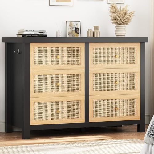 Rattan Dresser for Bedroom with 6 Drawers - 47'' Bohemian Chest of Large Drawers with Metal Handle, Large Storage Wood Bedroom Dresser for Living Room, Enterway, Hallway (Black and Oak)