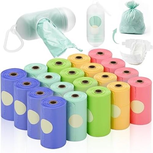Qeeenar Disposable Diaper Sacks with Red Orange Scented 20 Refill Rolls/300 Bags Waste Bags with Dispenser, Convenient and Quick Diaper Disposal, 5 Colors, Rainbow