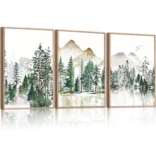 ANHUIB Large Framed Mountain Canvas Wall Art Watercolor Forest Landscape Painting Green Nature Prints Art Rustic Wall Decor for Living Room, Bedroom, Office - 16x24 Set of 3