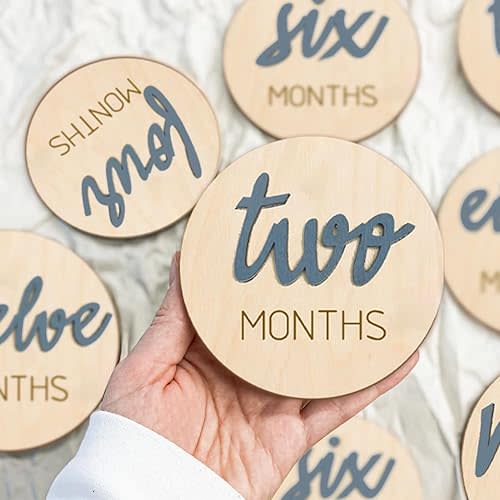 Baby Monthly Milestone Markers Disc, Wooden 3D Milestone Cards for Photos, Baby Announcement Sign,Slate Blue, 1-12 Months, 4 Inches in Size.