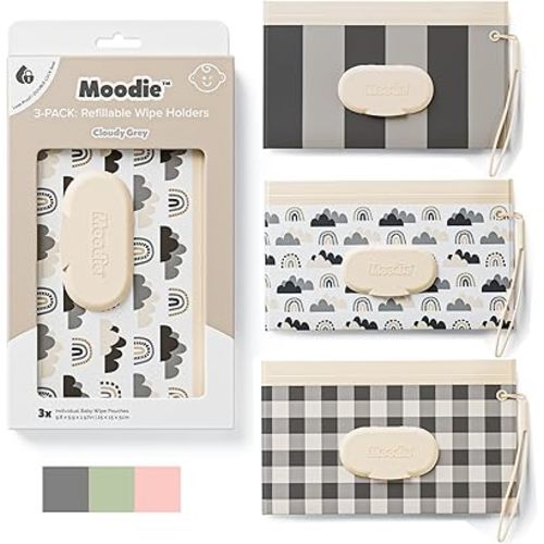 Moodie NEW 3 PACK Baby Wipes Holder | Refillable Wipes Container w/ DOUBLE-LOCK SEAL |Travel Wipe Case | Portable Wipe Dispenser for Diaper Bag w Silicone Strap | Reusable Wipes Pouch (CLOUDY GREY)