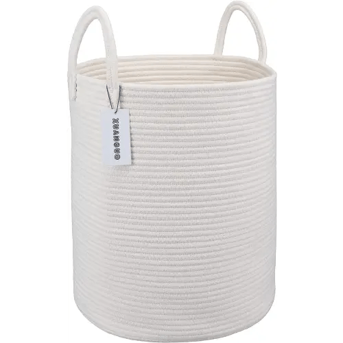 Cotton Rope Laundry Basket Hamper for Clothes Decorative Woven Storage Basket for Living Room Bedroom Boho Tall Rope Baskets for Blanket Toys Baby Nursery Hamper Bin Large white