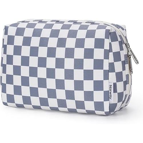 Narwey Checkered Makeup Bag Travel Cosmetic Bag Organizer Toiletry Bag Make Up Bags with Compartments for Women Girls (Large, Grayish Blue Checkerboard)