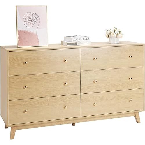 VEVOR 6 Drawer Dresser, Wooden Chest of Drawers with Sliding with Anti-tip Device, Modern Minimalist Dresser Chest, Closet Storage Organizer for Living Room, Hallway, Bedroom, Entryway, Light Wood