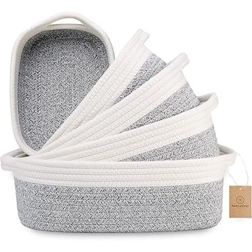 NaturalCozy 5-Piece Rectangle Storage Basket Set- Natural Cotton Rope Woven Baskets for Organizing! Small Basket for Montessori, Baby Nursery, Dog Toy Baskets, Cat Toy Box, Bathroom Organization Bin