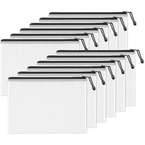 SUNEE Plastic Mesh Zipper Pouch 11x16 in (Black, 12 Packs) Extra Large Zip File Bags for Office Supplies, Cosmetics, Travel Storage, Bills, Accessories, Puzzles & Games Organizing Storage