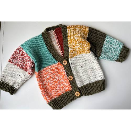 Hand knitted chunky baby girl baby boy patchwork cardigan, 1-2y handmade unisex toddler cardigan