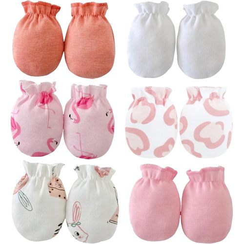 PandaEar 6 Pairs Newborn Baby No Scratch Mittens, 100% Cotton Elastic Wrist Gloves for baby Girls 0-6 Months