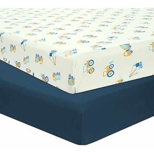Crib Sheets for Boys - Super Soft & Breathable Toddler Sheets, Portable Crib Fitted Sheet for Boys, 4 Way Stretch Knitted Fitted Crib Sheet, Baby Bedding, 2 Pack - Car & Estate Blue