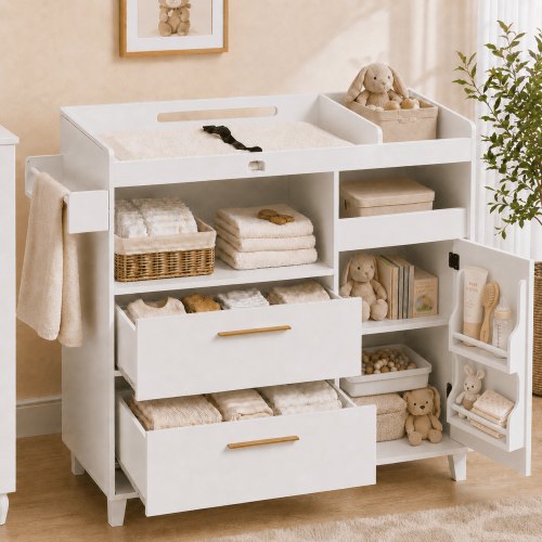 Zimtown 2-1 Baby Changing Table with Drawers & Shelf, Nursery Dresser with Storage, Infant Diaper Changing Station for Children's Room, White