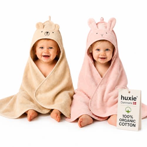 Hooded Baby Towels – 100% Organic Cotton Baby Bath Towels – Baby Girl Newborn Essentials - Super-Soft and Absorbent. (2-Pack Rabbit Blush and Bear Fog)