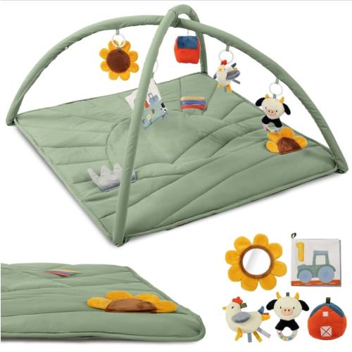 Beautiful Baby Play Gym and Tummy Time Mat - Soft Mat with 5 Farm Toys Creates The Perfect Activity Area for Your Girl/Boy - Stylish Infant Floor Playmat Fits Nicely with Any Playroom Decor